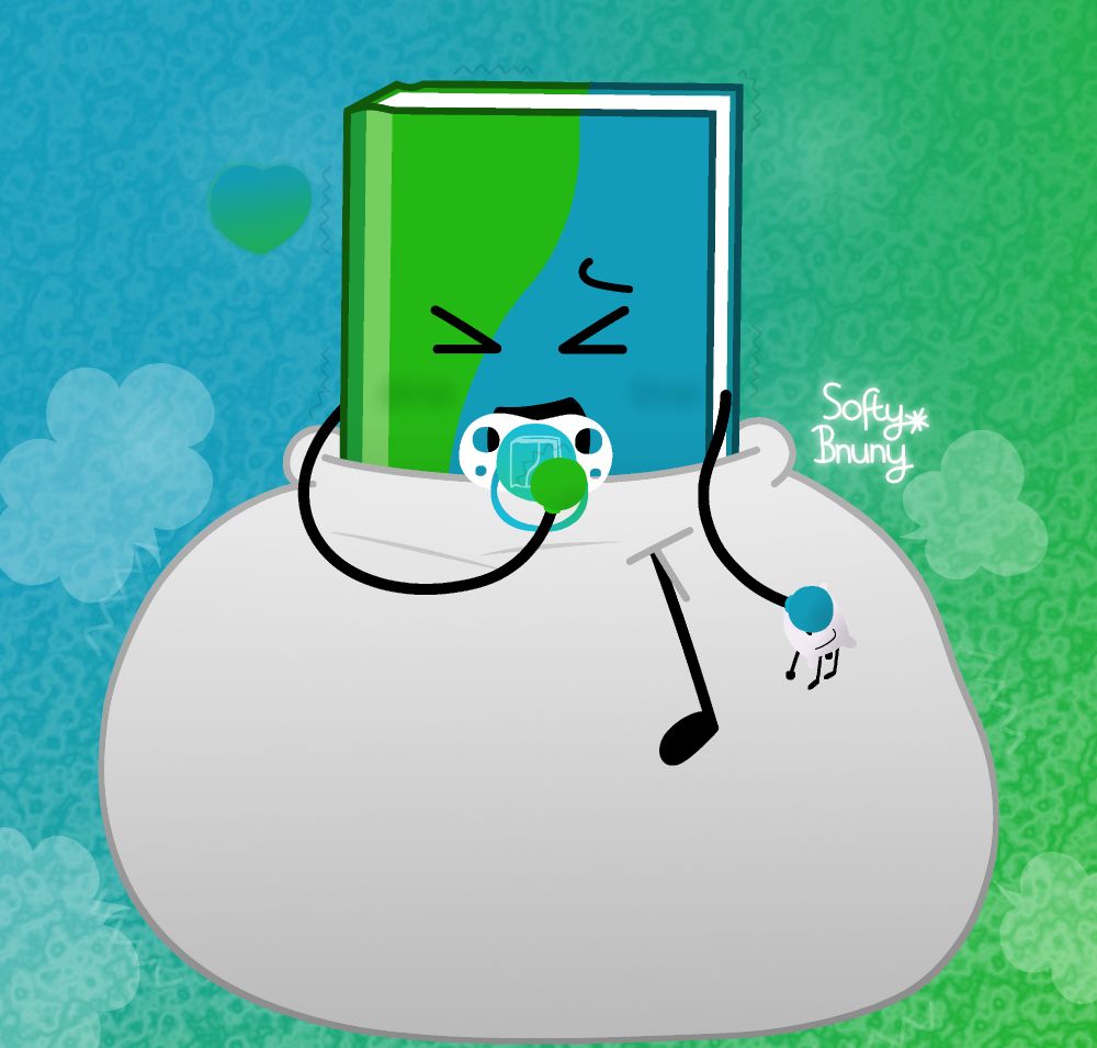 Book from BFDI (Battle for Dream Island); sitting down in a big poofy diaper nestled around her waist, while holding a Pillow plushie, wearing mitten’s on her hands, and suckling on her own baby pacifier. She is also giggling to herself and shaking non-stop on how much fun she’s having.