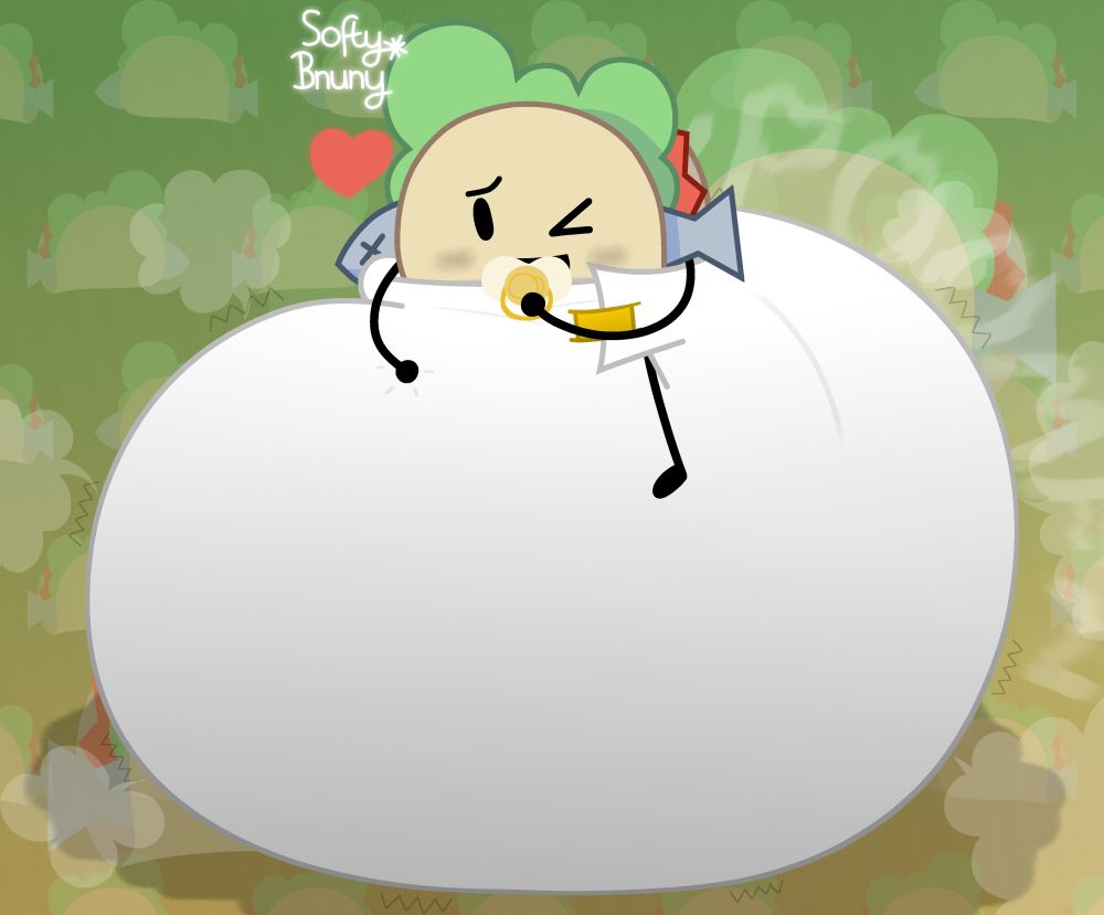 Taco from BFDI (Battle for Dream Island); sitting on a insanely huge and poofy diaper, giggling to herself behind her pacifier (which is also in her mouth) at the absurdity of what she's experiencing, while also loving it too.