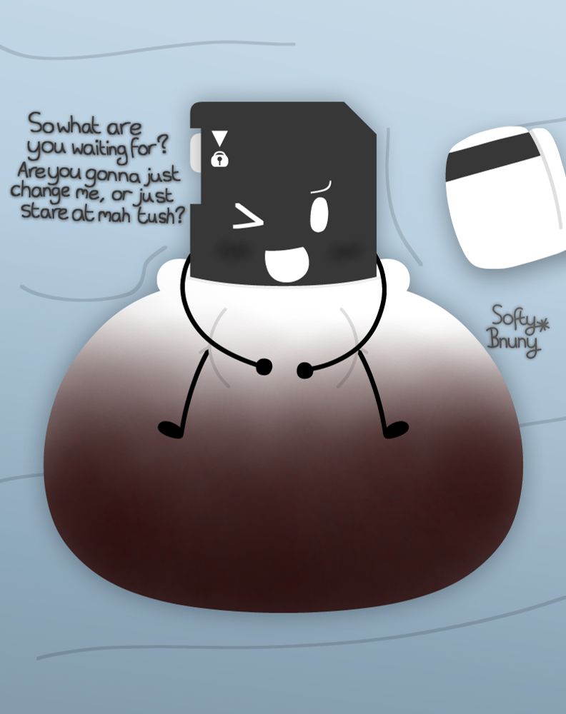 Memmy (an OC from me/SoftyBnuny); wearing a big, used and dirty diaper, taunting at the viewer that are they going to change his dirty diaper or just stare at it.