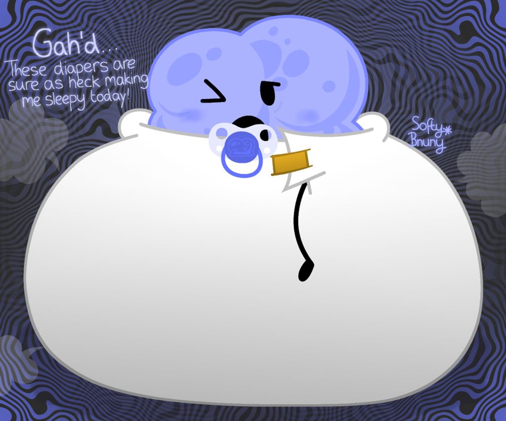 Winner from BFDI (Battle for Dream Island); wearing a big, baby powder full diaper, sitting comforably on it, suckling on a pacifier cutely, struggling to also stay awake.