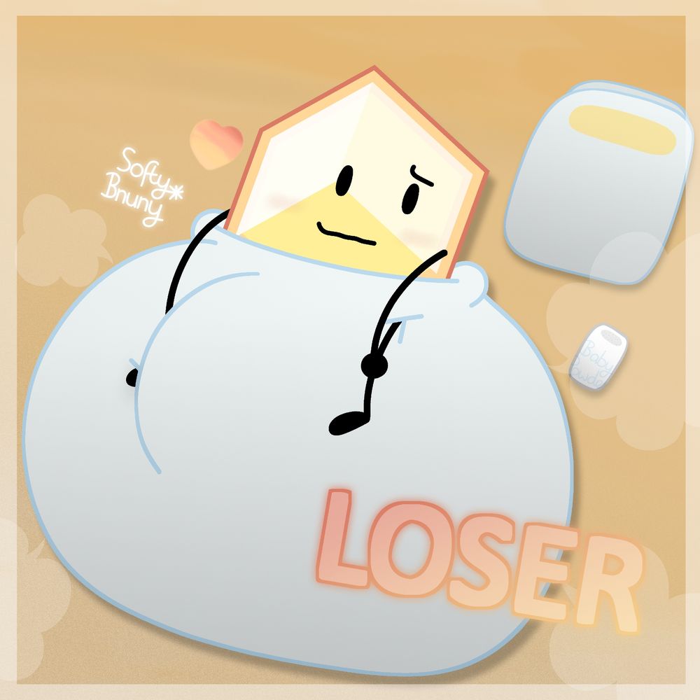 Loser from BFDI (Battle for Dream Island); wearing a massive diaper, while laying on a yellow-orange tinted bedsheet, posing at the camera for a photoshoot.