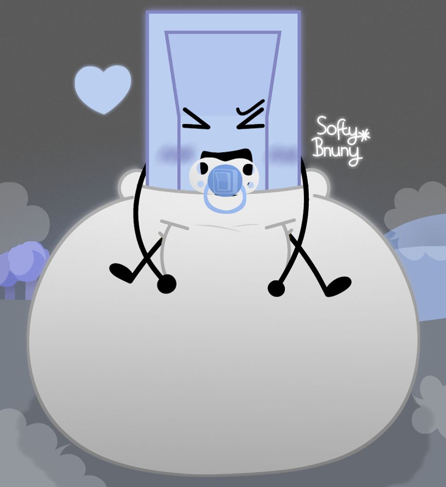 Liy from BFDI (Battle for Dream Island); wearing a big poofy diaper, while suckling on her own lightswitch-themed pacifier, taunting happily at the viewer.