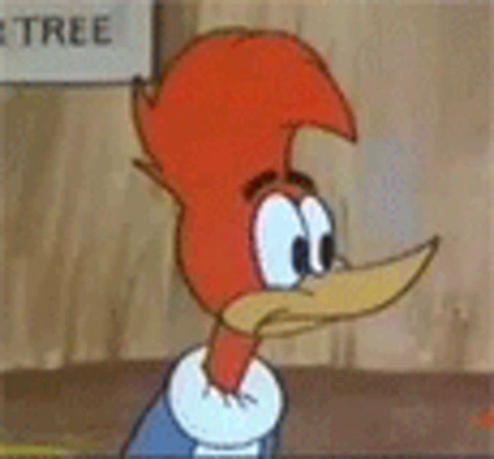 woody woodpecker is standing in front of a sign that says `` tree '' .