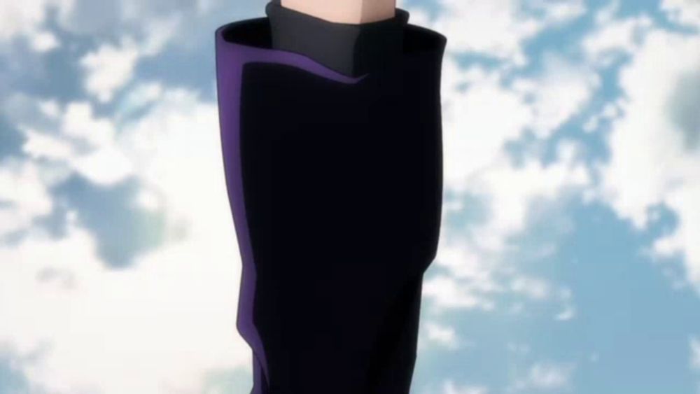 a person is standing in front of a cloudy sky wearing a black sweater and purple boots .