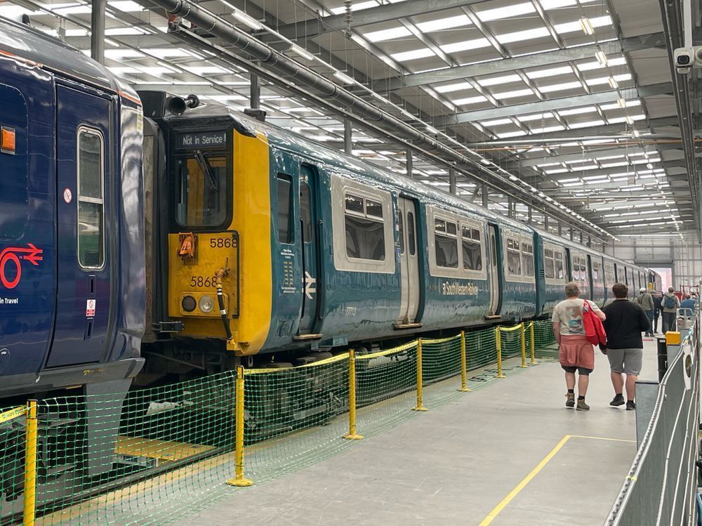 Class 455 train in blue and grey livery