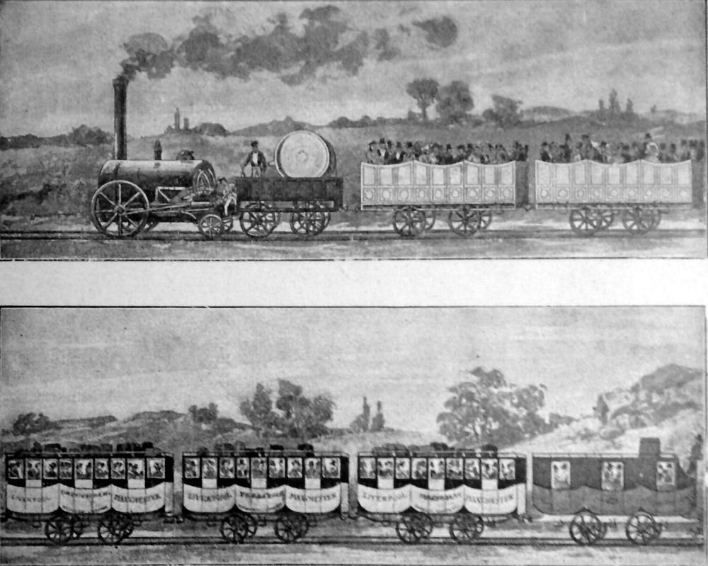 Illustration depicting steam hauled trains on the Liverpool and Manchester Railway