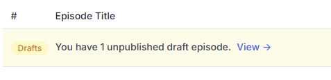 Screenshot of podcast management platform, saying "You have 1 unpublished draft episode. View →"