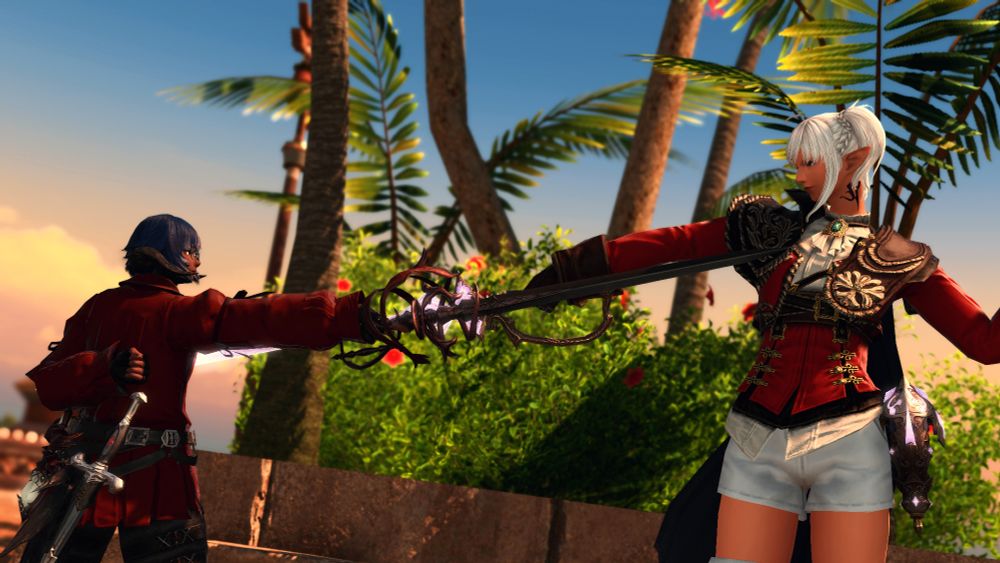 Ophelia, a Xaela Au Ra, stood across from a grown Alisaie. They're stood blade to blade, both holding a rapier in front of the other's chest. Alisaie is stood in usual Red Mage fashion with her arm outstretched behind her, while Ophelia (with their back to the camera) has theirs tucked behind their back with a fist. They're stood in Tuliyollal in the late afternoon on the pier that connects all the For'ard Cabins together, with a large green space behind them. They're both smiling.