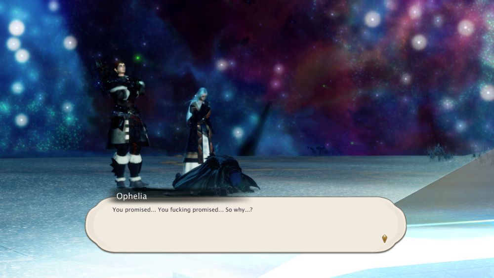 An extension of the previous shot with the camera pulled back. The edge of the rainbow bridge created by Alphinaud and Alisaie takes up the bottom right of the frame, with Ophelia in the same position. The figure is revealed to be Ardbert's shade, with Myste also behind Ophelia to the right. Myste is in silent prayer while Ardbert looks ahead with his arms crossed. Ophelia is saying "You promised... You fucking promised... So why...?"