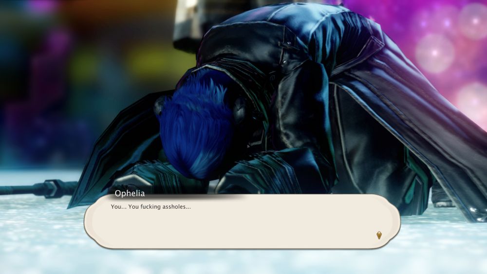 Ophelia, a Xaela Au Ra, in a black leather outfit down on the ground with their head nearly touching the floor. They're in Ultima Thule near the end of the road, with a figure standing behind them. They're saying "You... You fucking assholes..."