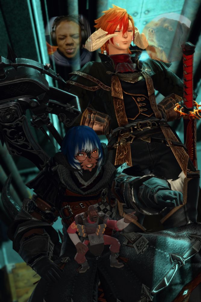 The camera pans over to reveal Ophelia (They/She) and Zan (She/Her), a Xaela and Raen Au Ra respectively, absolutely not respecting the death of that fascist loser. Ophelia is knelt over laughing their ass off, pointing with their left hand down at the legatus's corpse. An image of the Demoman from TF2 laughing is overlayed at reduced opacity, the pose she's mimicking. Zan meanwhile is stood up straight with her hands just behind her back, her lips pursed and eyes closed as she tries her hardest to not laugh. Beside her head are an image of streamer IShowSpeed making the same facial expression and a dog staring with its eyes closed into a sunset, also at reduced opacity.