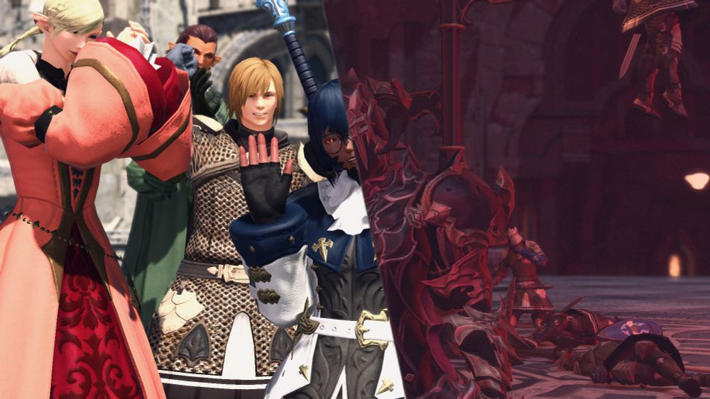 An image in two halves, one during the day and one half at night. In the center is Ophelia, a young Xaela au ra with the left half being their usual attire during Heavensward and the right their Dark Knight disguise, with their face completely covered beneath a helmet and stocky armor. The left side of the image shows Ophelia being congratulated and cheered on by a crowd of Ishgardian nobility, while Ophelia waves and smiles nervously. The right side shows a much more confident stance, as they walk away from a scene of carnage they created. Two temple knights lie dead on the ground, with a third behind them falling to their knees while clutching their throat. At the very top right, the legs of a fourth temple knight hand from offscreen, apparently impaled on something.