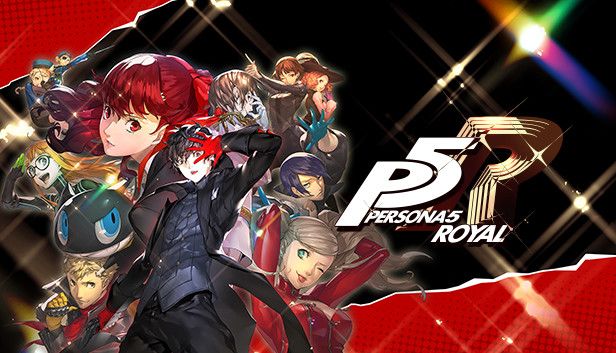 Cover art for Persona 5 Royal showing the main characters in dramatic poses. The protagonist, Joker, is near the center wearing a black jacket and red gloves. Other Phantom Thieves, in their iconic costumes, surround him. The background is red and black, and the game’s logo is located on the right side.