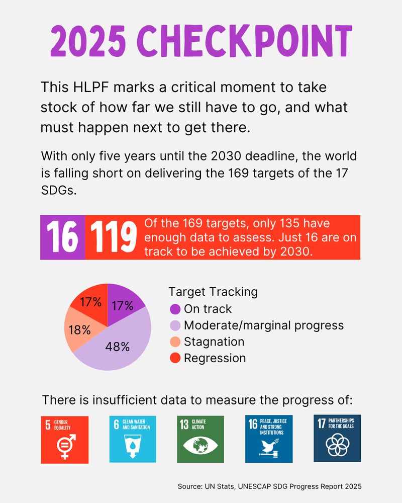2025 Checkpoint 
This HLPF marks a critical moment to take stock of how far we still have to go, and what must happen next to get there.
With only five years until the 2030 deadline, the world is falling short on delivering the 169 targets of the 17 SDGs. 