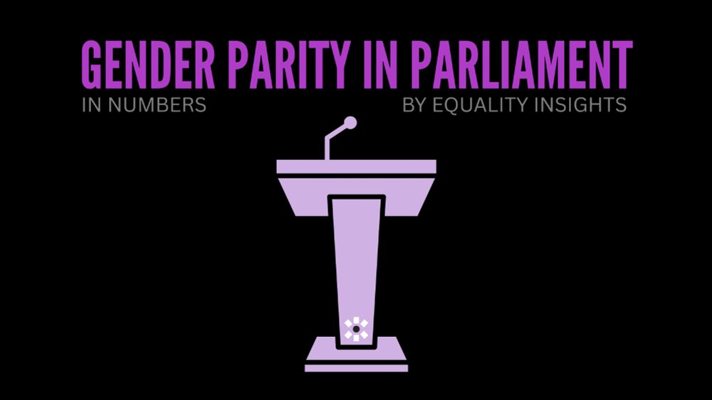 A black tile with the words ' gender parity in parliament' in a dark purple. Underneath in a grey reads 'in numbers… by Equality Insights'. There is a light purple podium in the centre with an Equality Insights logo at the bottom of it.