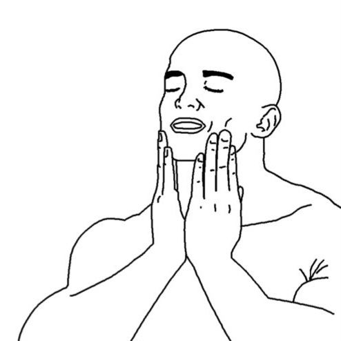 drawn meme of a bald man holding his hands up to his face with an expression of pure relief 