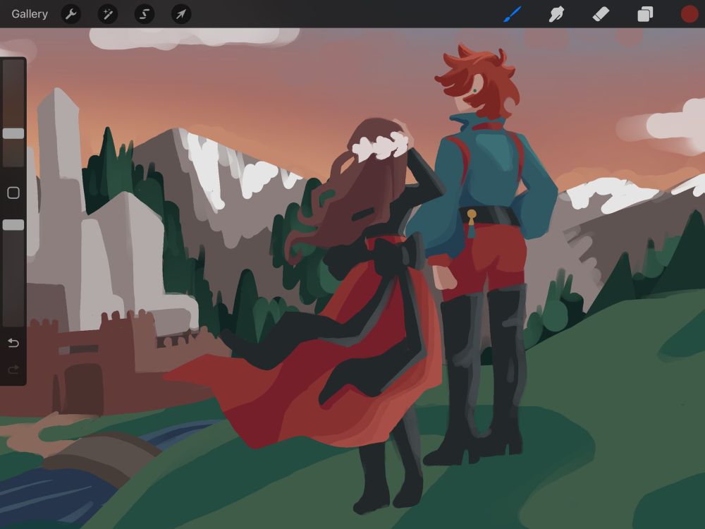 a procreate wip; an illustration of dorothea and sylvain standing on a hill facing away from the viewer, looking out at a castle and in the distance, surrounded by mountains