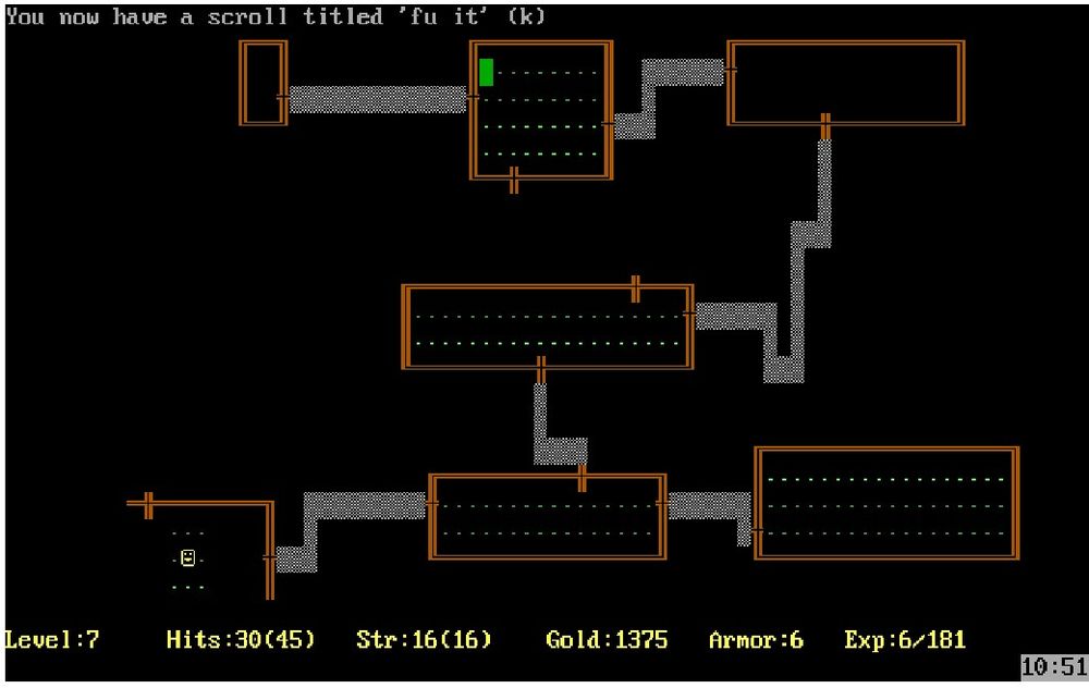A level of a DOS-based game called Rogue. The top of the window reads, "You now have a scroll titled 'fu it' (k)"
