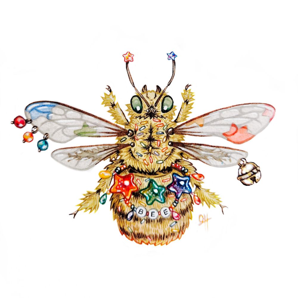 Watercolor illustration of a bee based on the species Amegilla Bombiformis and wearing colorfull jewels and beads. Colorfull star patterns are printed on the wings.