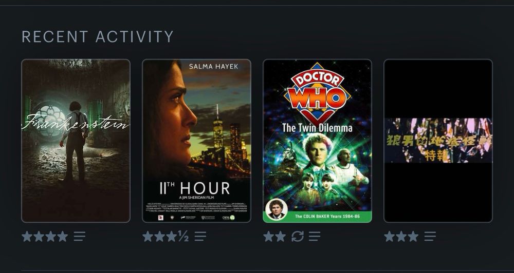 Frankenstein (2025); 11th Hour (2017); Doctor Who: The Twin Dilemma (1984); Wolfman vs. Baragon (1972)