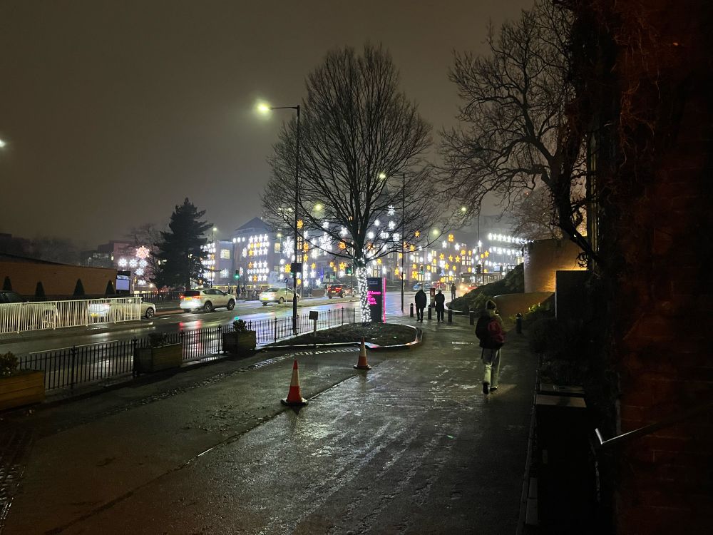 A picture of the Christmas lights on the Sheffield children’s hospital viewed from Firth Court. 