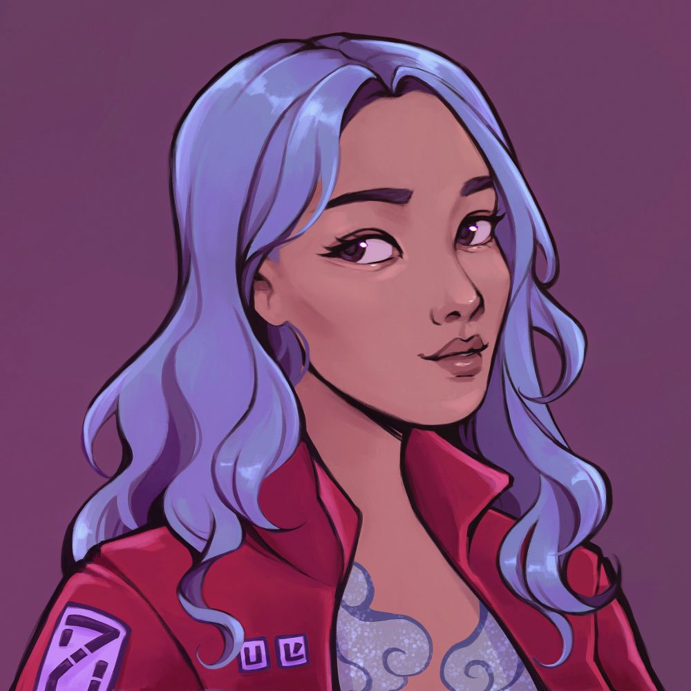 Illustration of a darker skinned Asian woman with long blue hair, a red biker jacket, and a flowing cloudy shirt beneath. 