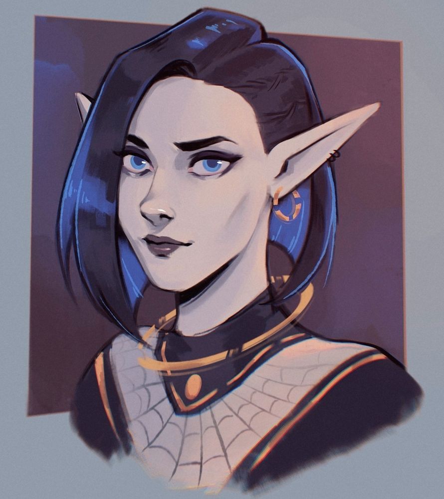 A cyberpunk elf with an asymmetrical bob, holographic jewelry and a blue underlight. She has a spider-themed bodysuit.