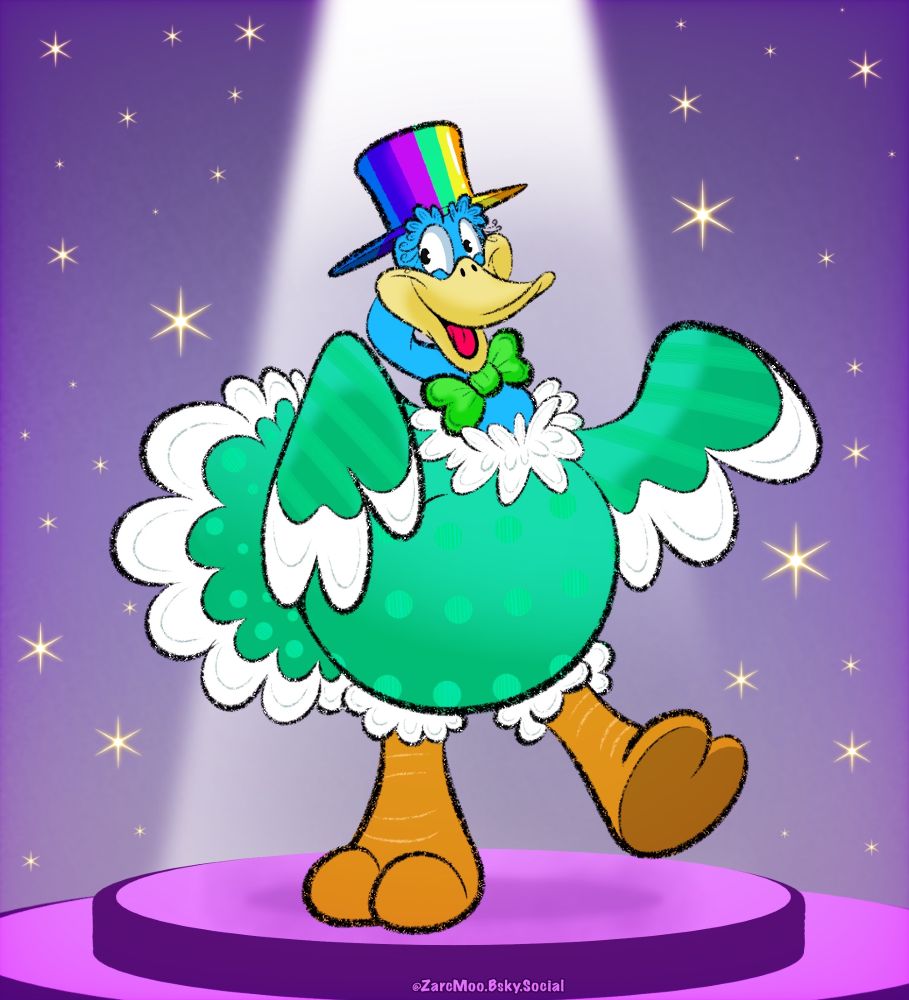 Hitare, a blue & green ostrich wearing a rainbow top hat and green bowtie, stands on a purple stage surrounded by sparkles as he enjoys his time in the spotlight! 