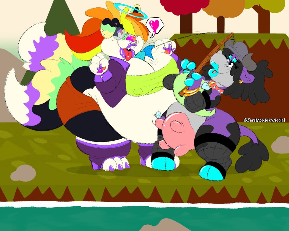 Monika Sparkles, a fat two-tailed border collie sparkledog, and Zarc, a purple cow, are dressed up as two dolled-up bimbos fishing together in the world of Webfishing. 

Zarc is trying to reel out a fish that is stuck and flailing around between Monika's large bosom, while Monika seems to be enjoying it herself!