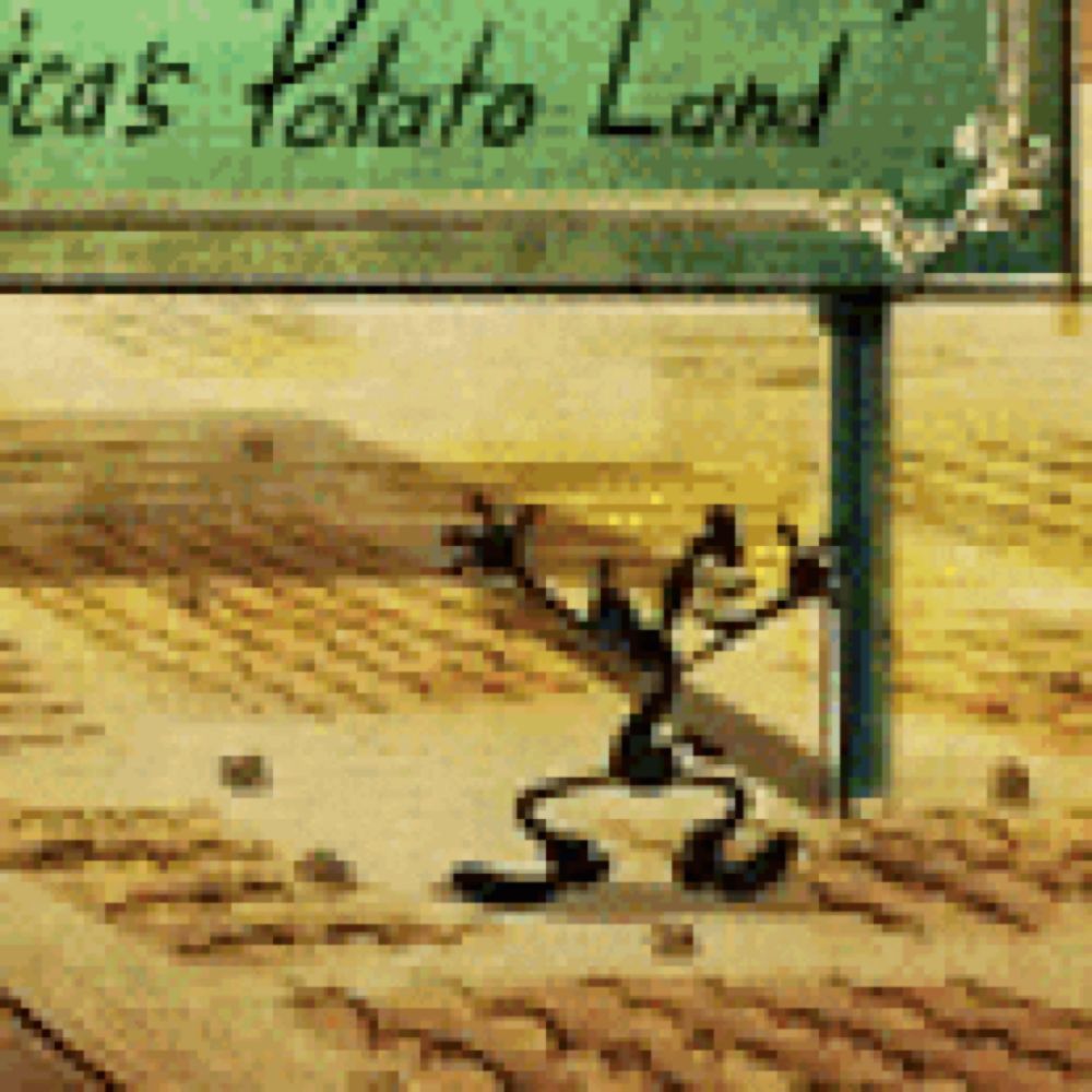 a cartoon character is standing in front of a sign that says texas potato land