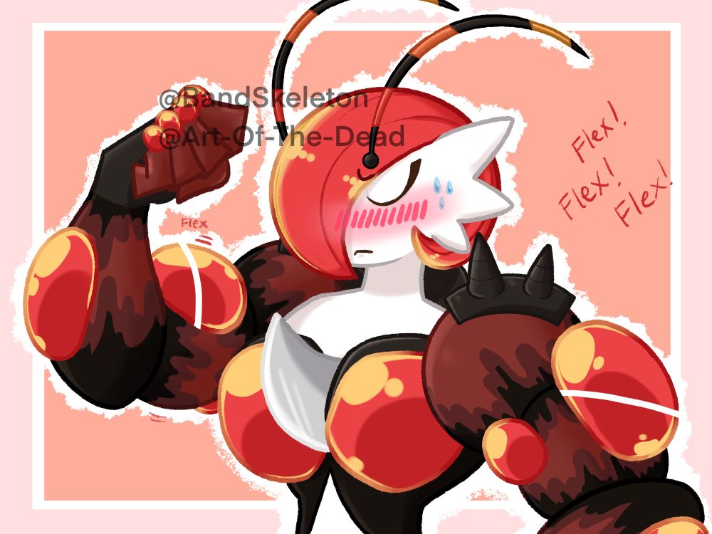 A Pokémon fusion of Gardevoir and Buzzwole flexes for the viewer, they have  bashful expression 