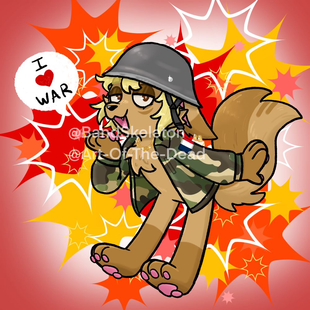 A canine Fursona stands wearing a military helmet and a camo jacket with the French flag on the sleeve. Their hand is brought up to their mouth and they have lazy eyes. They say “I ❤️ WAR”