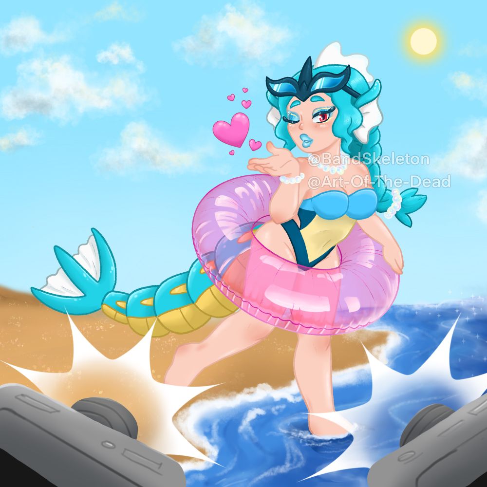 A gyarados gijinka (Miss Gyarados) is on the beach with an inner tube stepping into the water, she is blowing a kiss towards flashing photography cameras