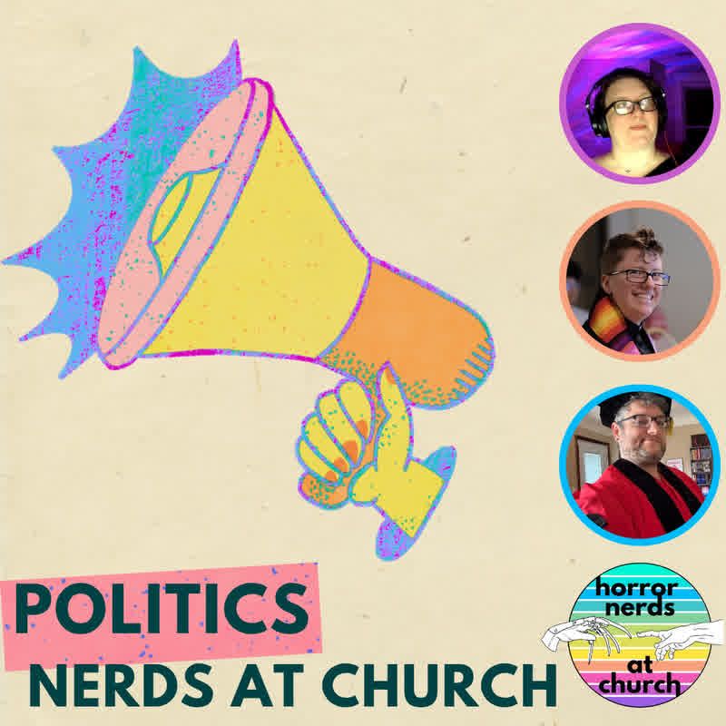 Image shows a speaker phone with pictures of Suzannah, Emily, and Pace, the HNAC logo, and the title "Politics Nerds at Church" 