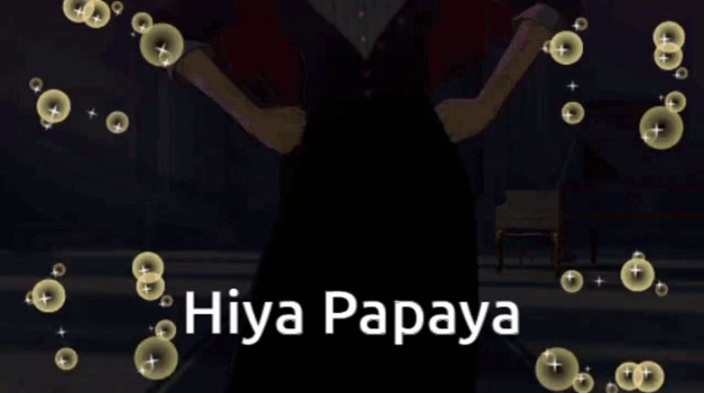 a woman in a black dress is surrounded by bubbles and says hiya papaya