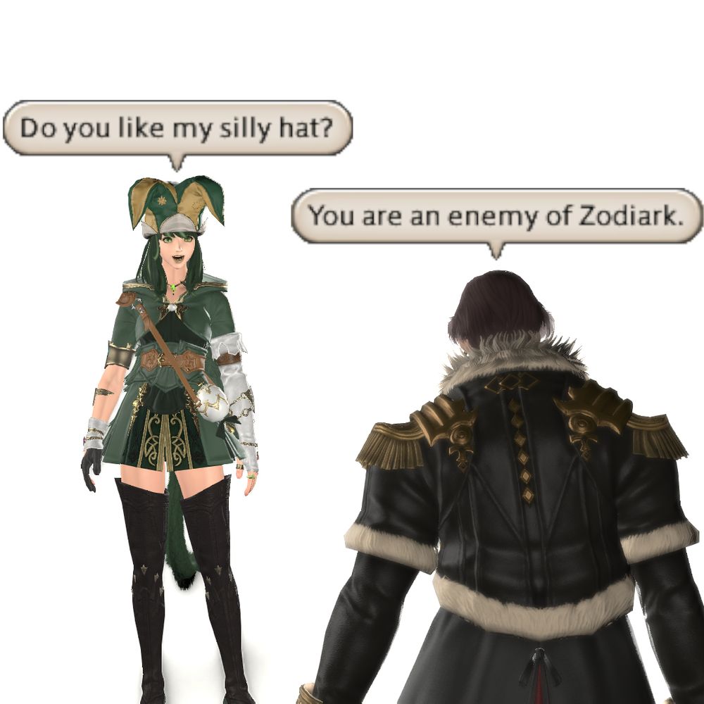 Phoebe happily and innocuously asking Emet-Selch "Do you like my silly hat?" to which Emet responds with "You are an enemy of Zodiark."