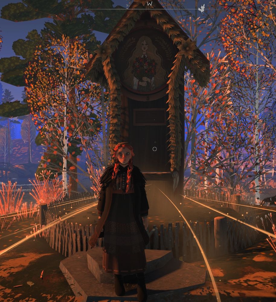 Screenshot du jeu REKA représentant une adolescente en tenue traditionnelle russe debout devant un autel en bois décoré de guirlandes de blé. Il y a le dessin d'une déesse des moissons dessus. En fond une forêt automnale. Autour des lignes de magie dorées.