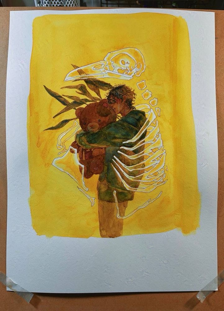 a boy hugs a teddy bear. translucent crow skull, breast bone, and ribs surround him on a yellow background 