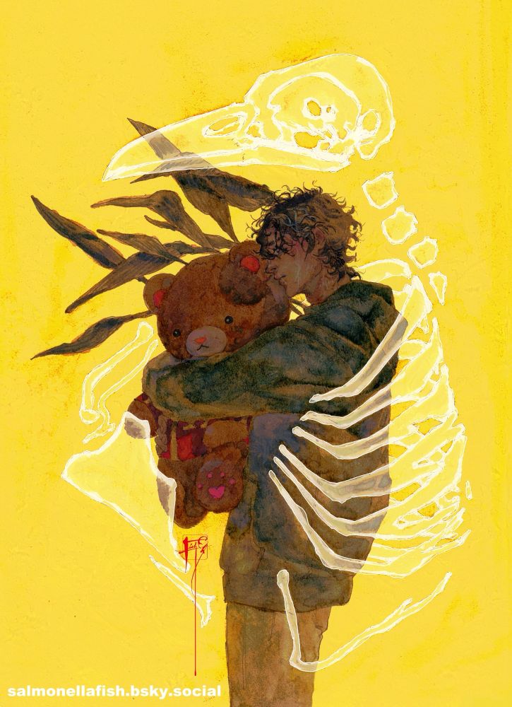 a boy hugs a teddy bear. translucent crow skull, breast bone, and ribs surround him on a yellow background 