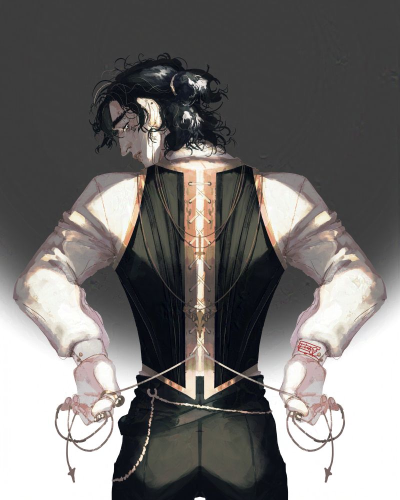 a boy looks over his shoulder to tighten the lace of his corset vest