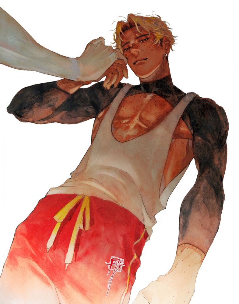 low angle shot of a boy holds someone’s hand to his face. he is wearing a white muscle tee, black high neck arm sleeves, and red joggers with yellow drawstrings that look dangerously like something Ronald the McDonald’s clown would wear