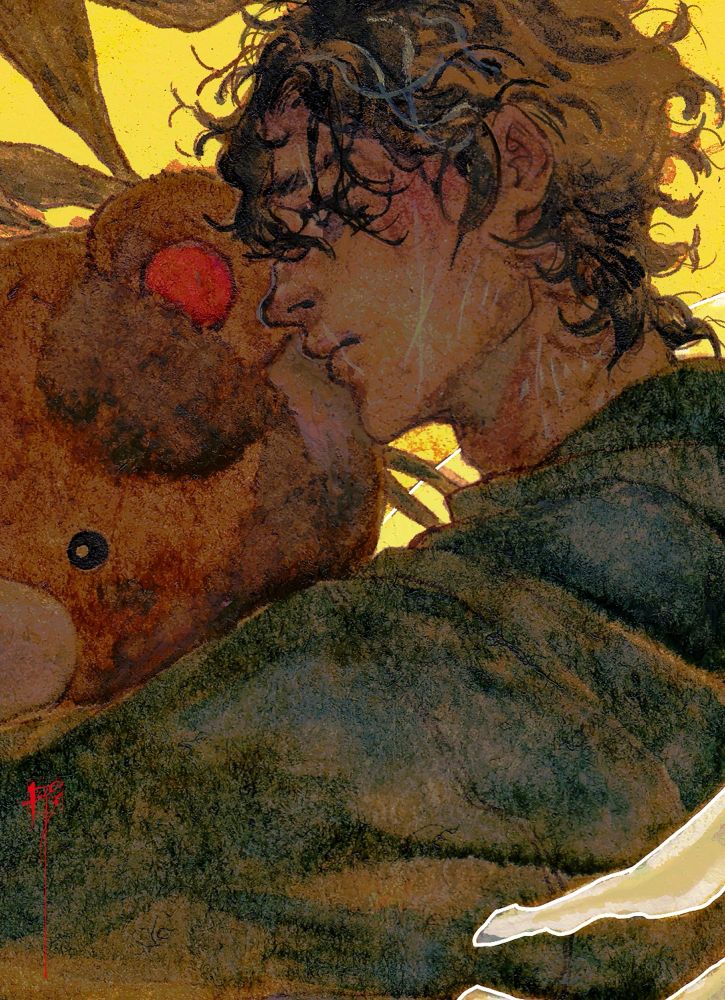 a boy hugs a teddy bear on a yellow background 