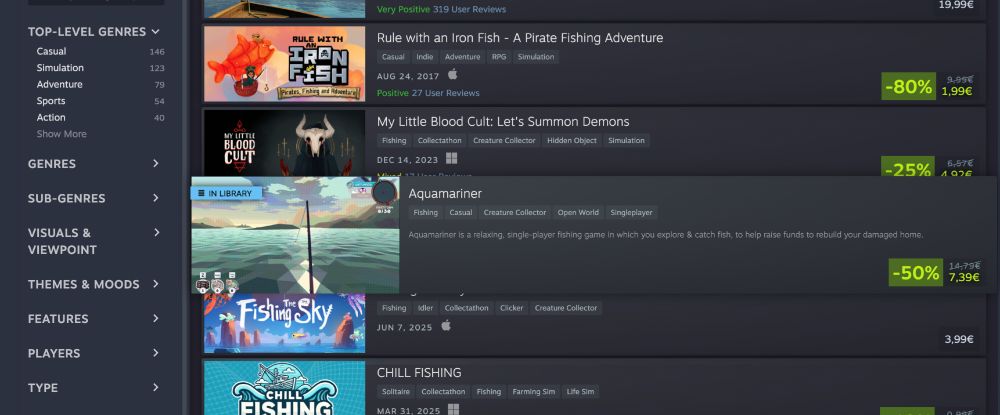 A screenshot of the steam list of games for the Fishing Fest sale. With Aquamariner highlighted at 50% off. 