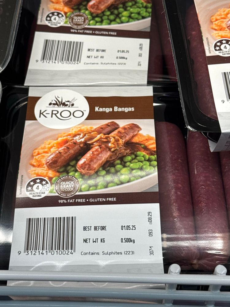 k-roo sausages, labeled “kanga bangas”