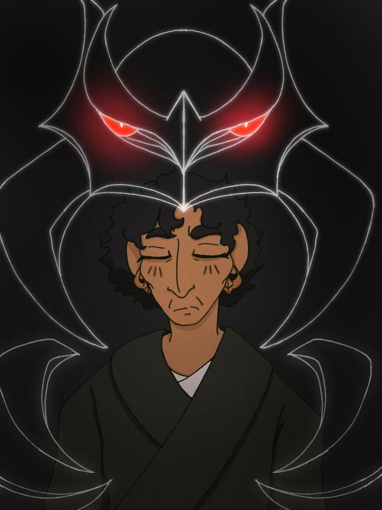 illustration of a pokemon oc with the pokemon giratina in the background