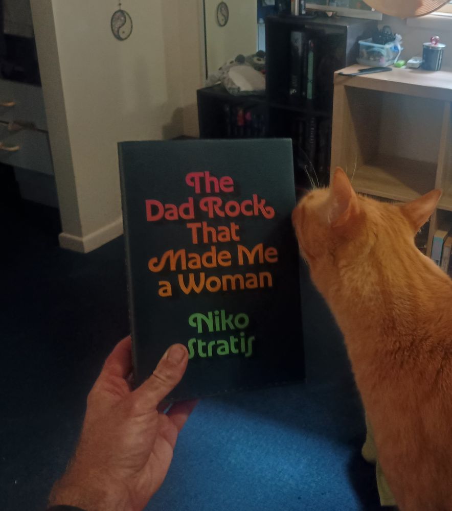 Newt (orange cat) is scratching himself on a copy of Niko Stratis' The Dad Rock That Made Me a Woman held up by a blotchy red hand with dirty nails.