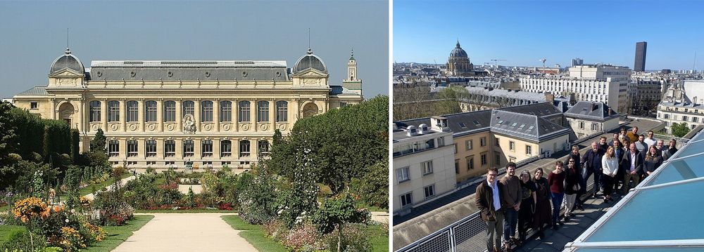 Left, an image of a large museum building housing the Museum of Natural History in Paris. Right, an image of workshop attendees.