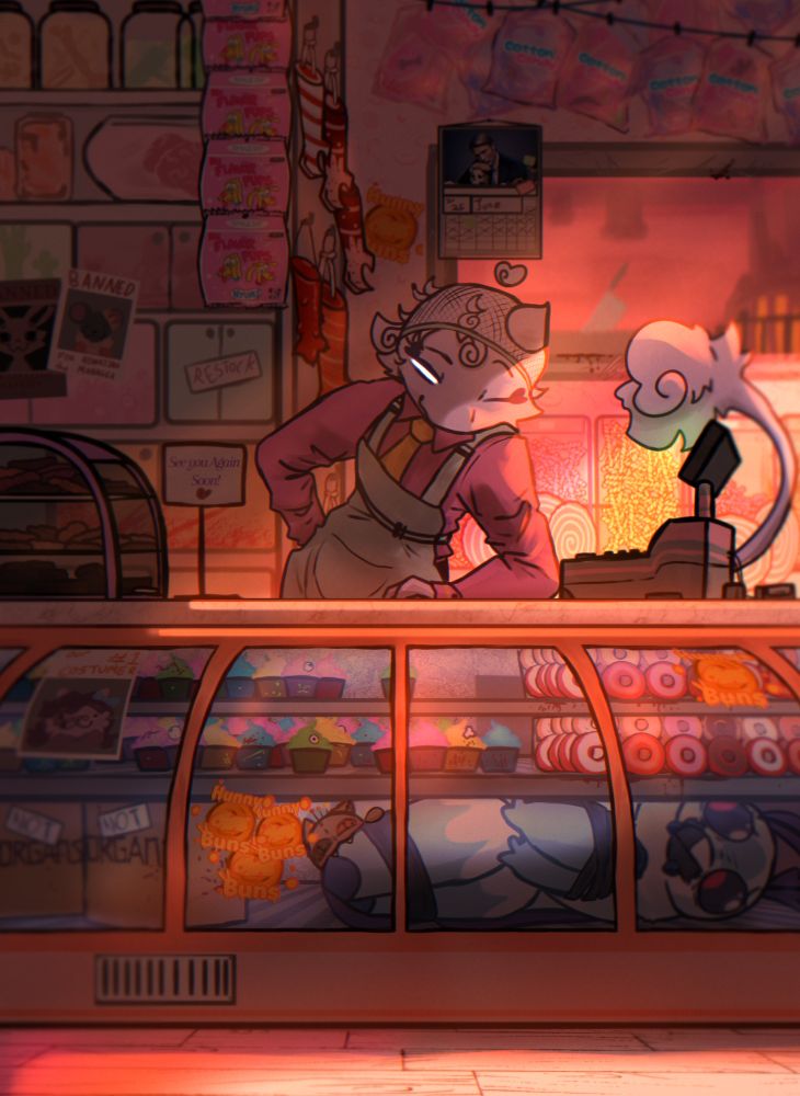 A seemingly cheerful candy shop owner welcomes you to his sugar palace full of oddly shaped treats and pastries. You might note some organs sticking out of some of them