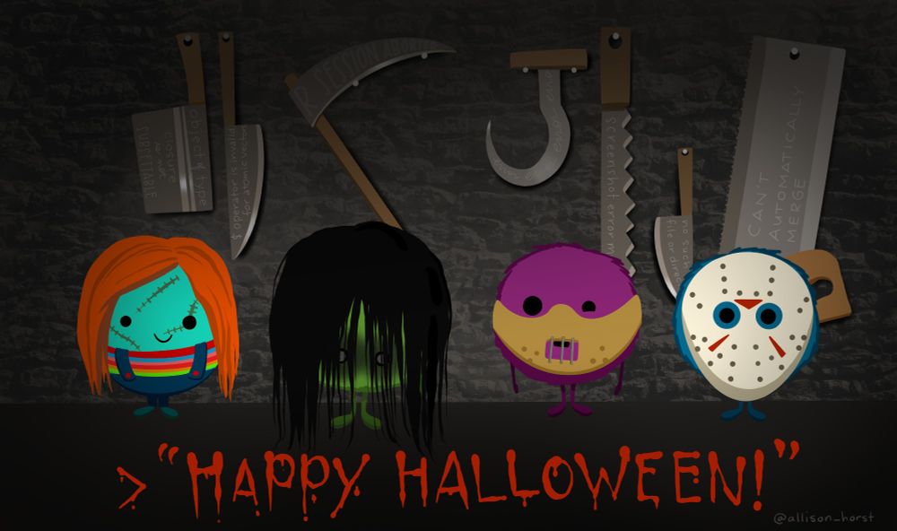 Small fuzzy R monsters in costume as famous villains from horror movies. Left to right: Chucky (wearing a wig, rainbow shirt and overalls, with stitches on its face), the girl from The Ring (black long hair over face), Hannibal Lecter (masked with bars in front of mouth), and Jason (iconic hockey mask). On the wall behind them are different menacing tools (butcher knives, saws, scythe) with scary things on them, e.g. "Can't automatically merge," "screenshot error message," "no such file or directory", "$ operator is invalid for atomic vectors."