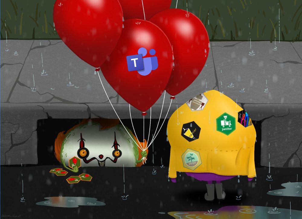 Cartoon monsters dressed as characters from "It." Pennywise holds balloons, one with the Microsoft Teams logo on it, while peering out from a storm drain while another little monster in a raincoat looks on. 